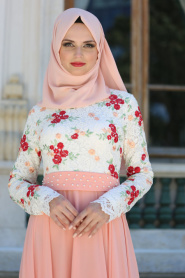 Evening Dresses - Salmon Pink Hijab Dress 7617SMN - Thumbnail