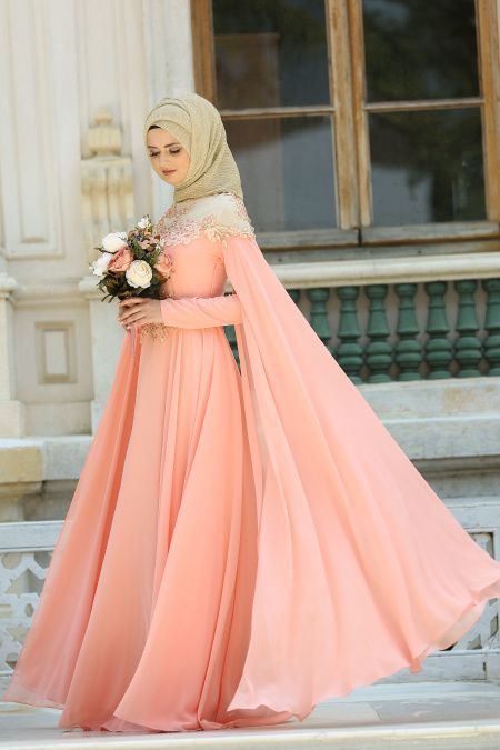 Evening Dresses - Salmon Pink Hijab Dress 7621SMN