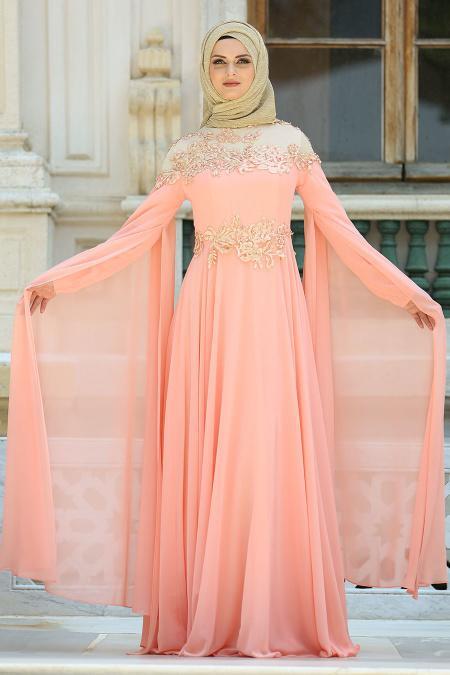 Evening Dresses - Salmon Pink Hijab Dress 7621SMN - 2