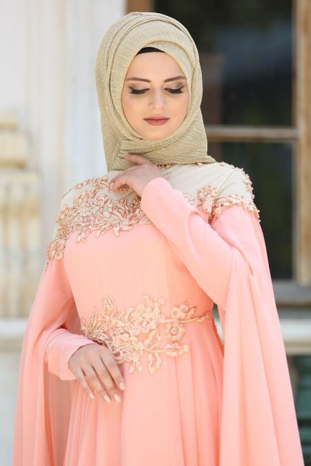 Evening Dresses - Salmon Pink Hijab Dress 7621SMN - 3