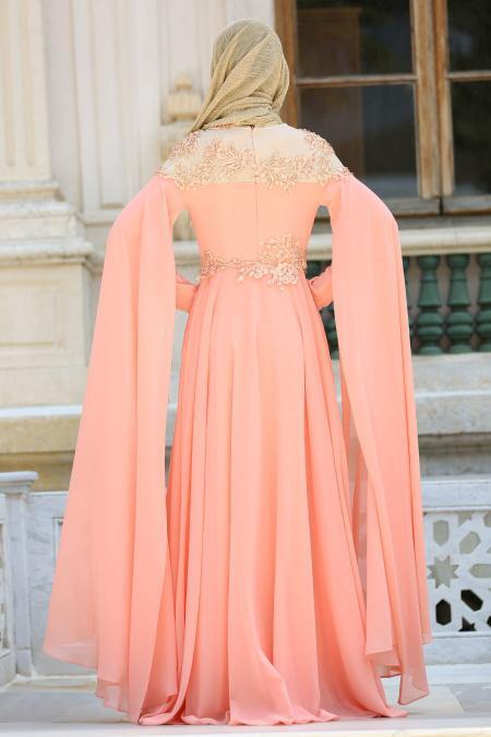 Evening Dresses - Salmon Pink Hijab Dress 7621SMN - 4