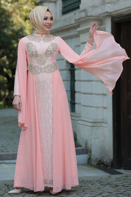Evening Dresses - Salmon Pink Hijab Dress 7623SMN