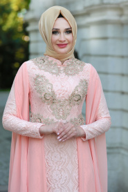 Evening Dresses - Salmon Pink Hijab Dress 7623SMN - Thumbnail