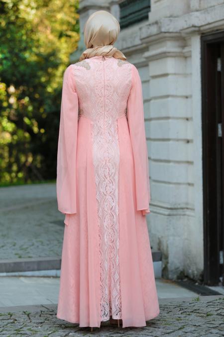 Evening Dresses - Salmon Pink Hijab Dress 7623SMN - 3