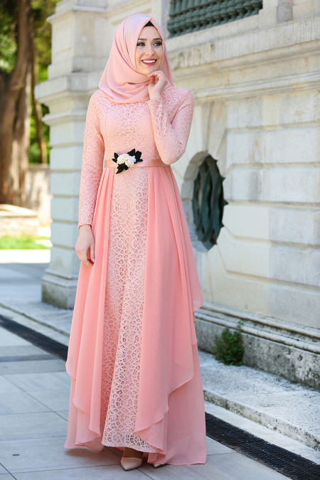 Evening Dresses - Salmon Pink Hijab Dress 7624SMN