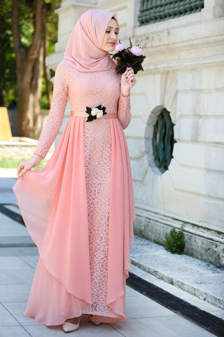 Evening Dresses - Salmon Pink Hijab Dress 7624SMN - 2