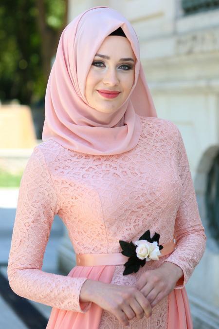 Evening Dresses - Salmon Pink Hijab Dress 7624SMN - 3