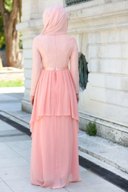 Evening Dresses - Salmon Pink Hijab Dress 7624SMN - 4