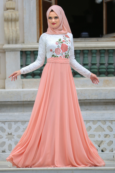Evening Dresses - Salmon Pink Hijab Dress 7628SMN
