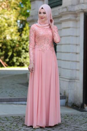 Evening Dresses - Salmon Pink Hijab Dress 7644SMN - 1