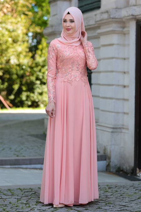 Evening Dresses - Salmon Pink Hijab Dress 7644SMN