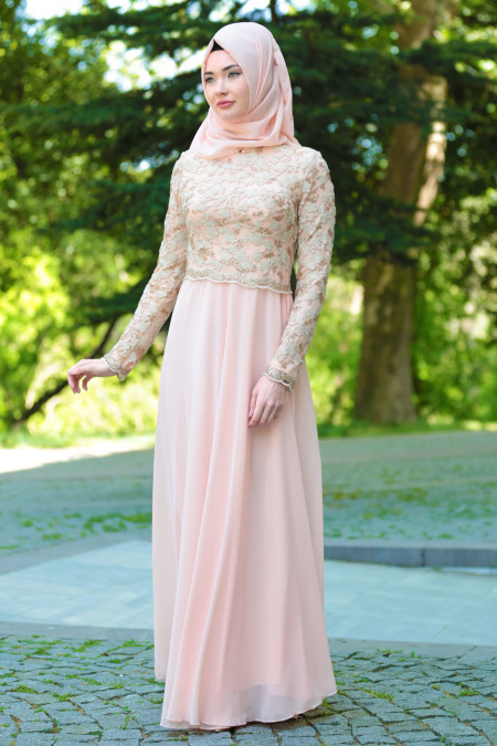 Evening Dresses - Salmon Pink Hijab Dress 76461SMN
