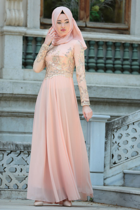 Evening Dresses - Salmon Pink Hijab Dress 76462SMN
