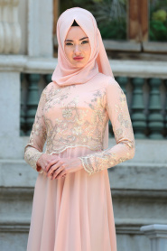 Evening Dresses - Salmon Pink Hijab Dress 76462SMN - Thumbnail