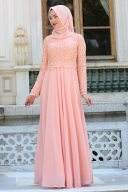 Evening Dresses - Salmon Pink Hijab Dress 76463SMN - Thumbnail