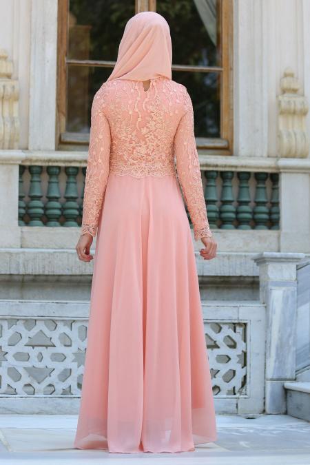 Evening Dresses - Salmon Pink Hijab Dress 76463SMN - 3