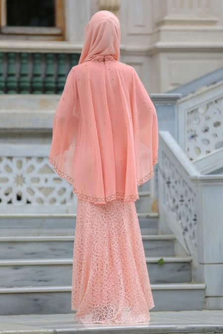 Evening Dresses - Salmon Pink Hijab Dress 7658SMN - 2