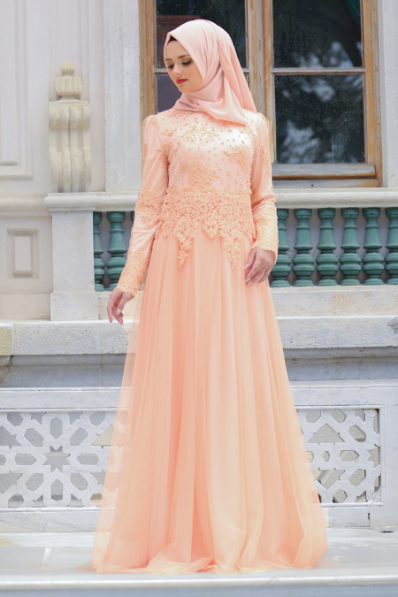 Evening Dresses - Salmon Pink Hijab Dress 7691SMN