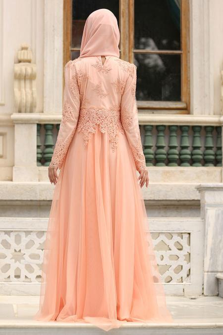 Evening Dresses - Salmon Pink Hijab Dress 7691SMN - 3