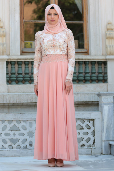 Evening Dresses - Salmon Pink Hijab Dress 76970SMN