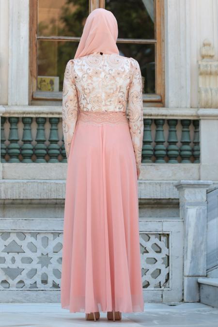 Evening Dresses - Salmon Pink Hijab Dress 76970SMN - 2