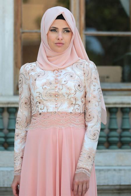 Evening Dresses - Salmon Pink Hijab Dress 76970SMN - 3