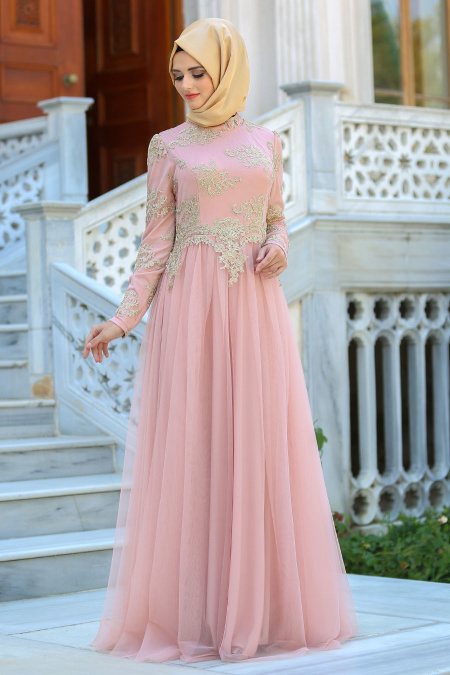 Evening Dresses - Salmon Pink Hijab Dress 7763SMN