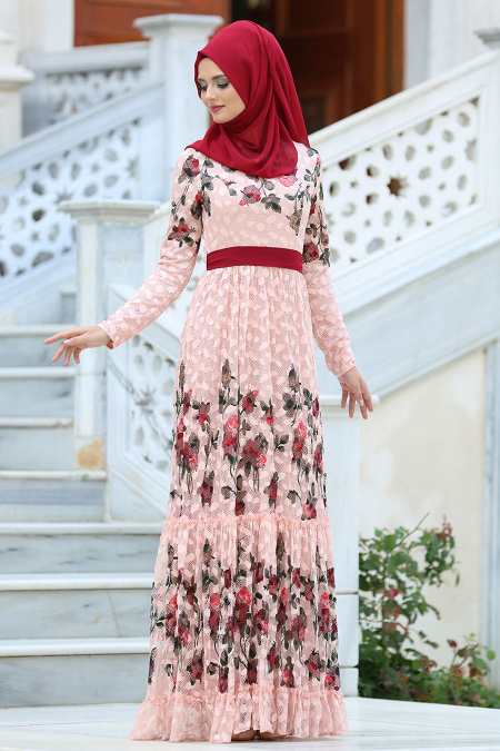 Evening Dresses - Salmon Pink Hijab Dress 7777SMN