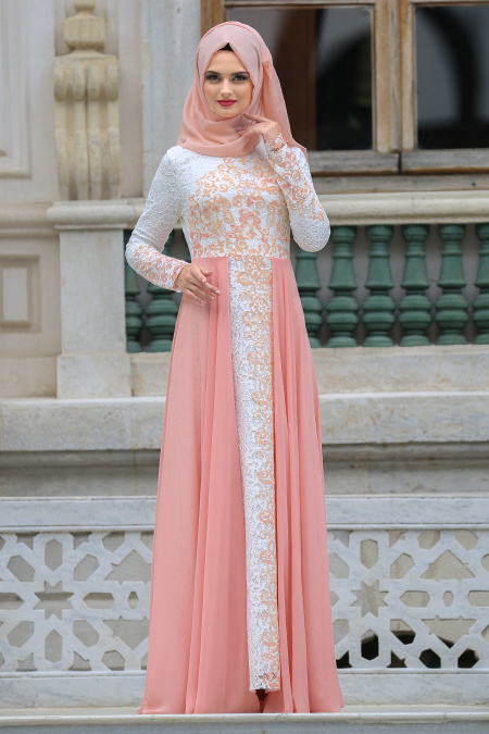 Evening Dresses - Salmon Pink Hijab Dress 7784SMN