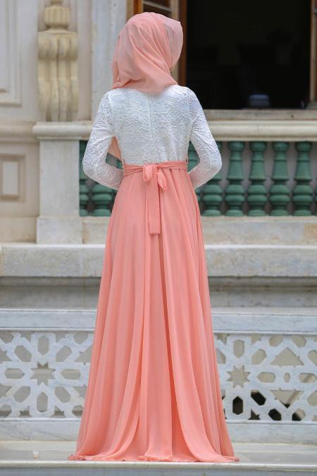 Evening Dresses - Salmon Pink Hijab Dress 7784SMN - 2
