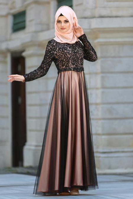 Evening Dresses - Salmon Pink Hijab Dress 7829SMN - 2