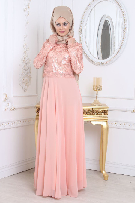 Evening Dresses - Salmon Pink Hijab Dress 79410SMN