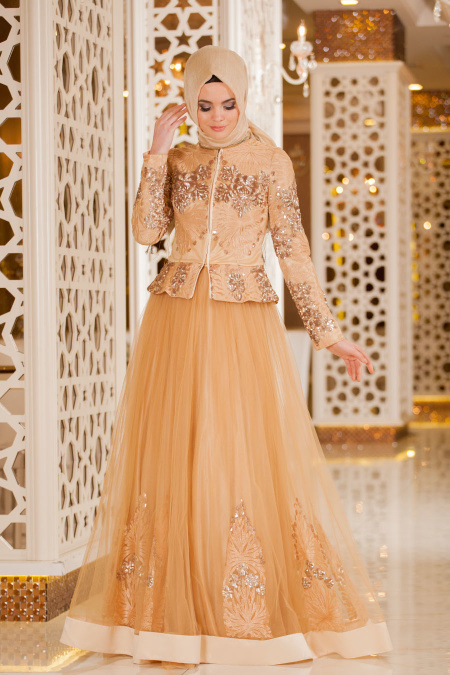 Evening Dresses - Salmon Pink Hijab Dress 9027SMN