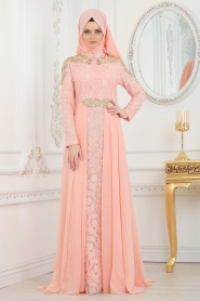 Evening Dresses - Salmon Pink Hijab Evening Dress 20100SMN - Thumbnail