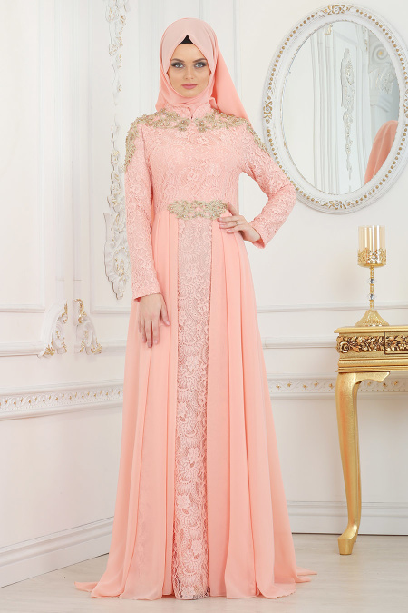 Evening Dresses - Salmon Pink Hijab Evening Dress 20100SMN