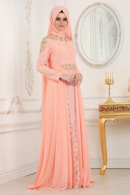 Evening Dresses - Salmon Pink Hijab Evening Dress 20100SMN - 2