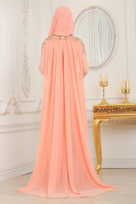Evening Dresses - Salmon Pink Hijab Evening Dress 20100SMN - 3