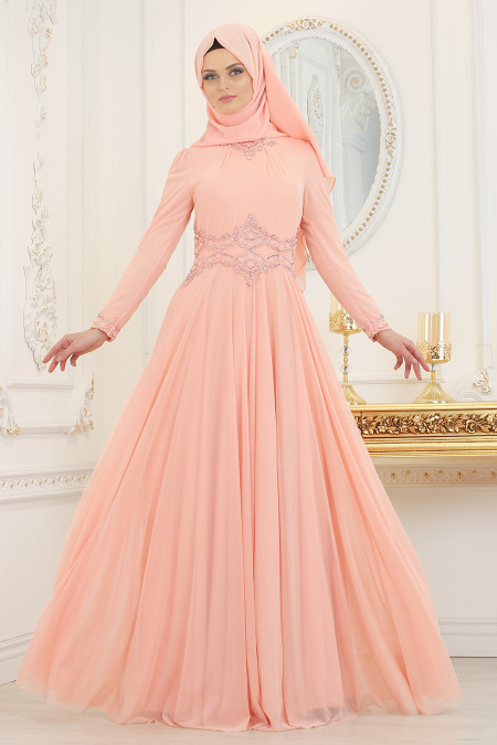 Evening Dresses - Salmon Pink Hijab Evening Dress 20210SMN