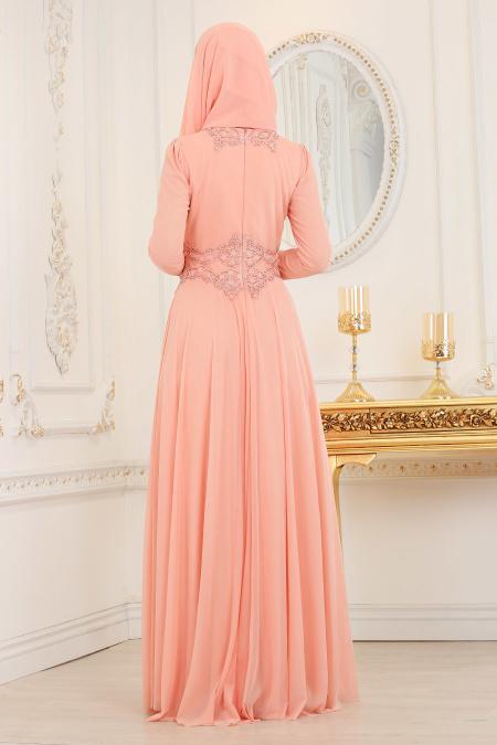 Evening Dresses - Salmon Pink Hijab Evening Dress 20210SMN - 2