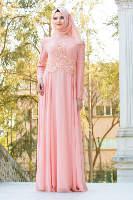 Evening Dresses - Salmon Pink Hijab Evening Dress 7539SMN