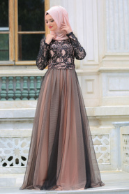 Evening Dresses - Salmon Pink Hijab Evening Dress 75450SMN - Thumbnail