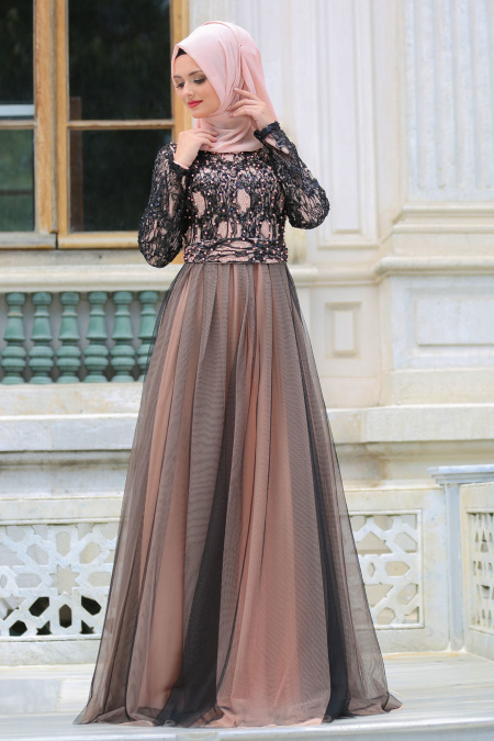 Evening Dresses - Salmon Pink Hijab Evening Dress 75450SMN