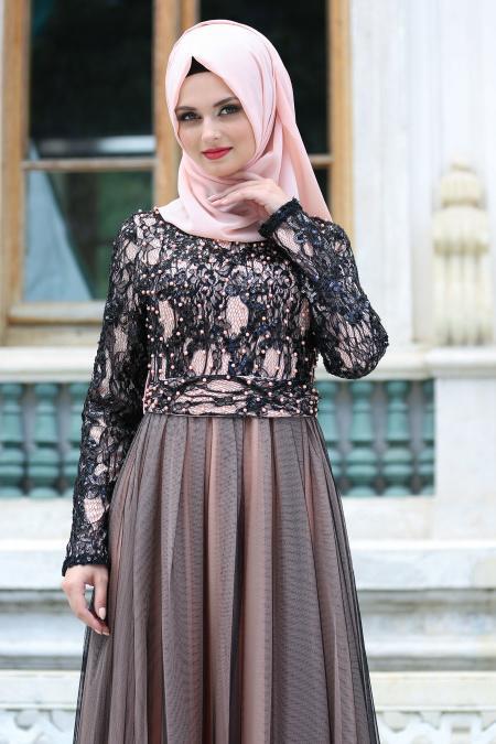 Evening Dresses - Salmon Pink Hijab Evening Dress 75450SMN - 2