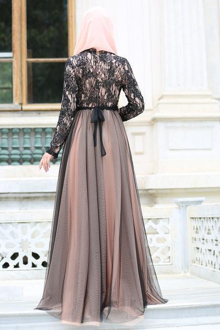 Evening Dresses - Salmon Pink Hijab Evening Dress 75450SMN - 3