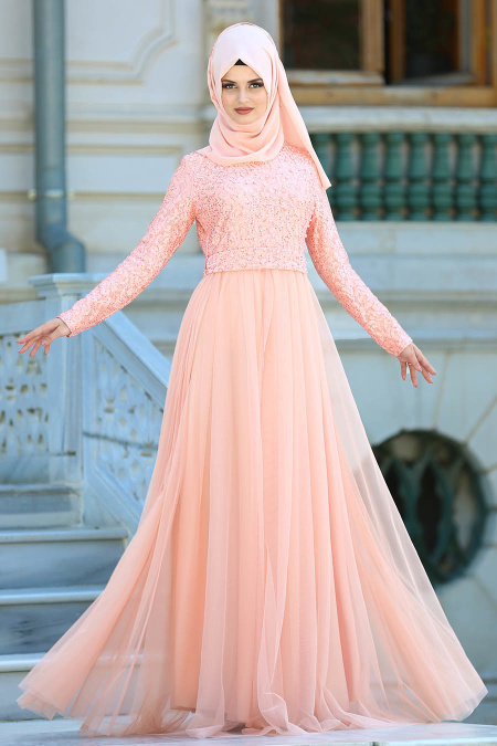 Evening Dresses - Salmon Pink Hijab Evening Dress 75452SMN