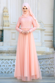 Evening Dresses - Salmon Pink Hijab Evening Dress 75452SMN - Thumbnail