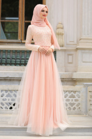 Evening Dresses - Salmon Pink Hijab Evening Dress 7545SMN - Thumbnail