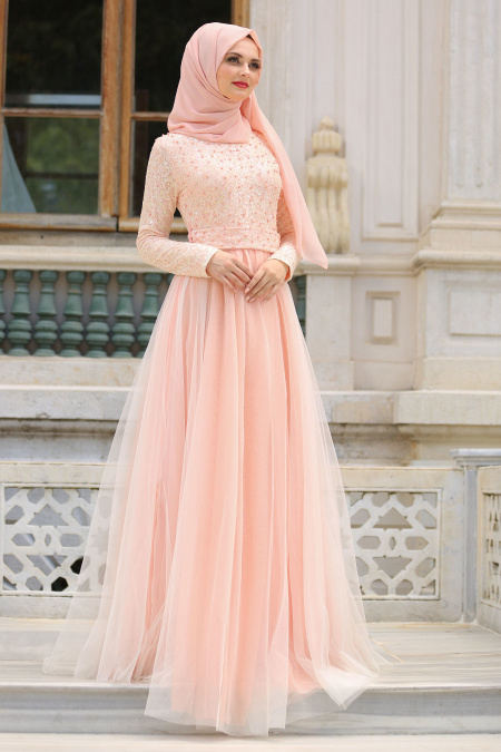 Evening Dresses - Salmon Pink Hijab Evening Dress 7545SMN