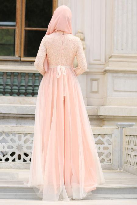Evening Dresses - Salmon Pink Hijab Evening Dress 7545SMN - 3