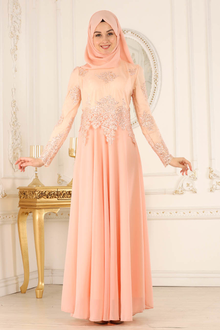 Evening Dresses - Salmon Pink Hijab Evening Dress 7601SMN